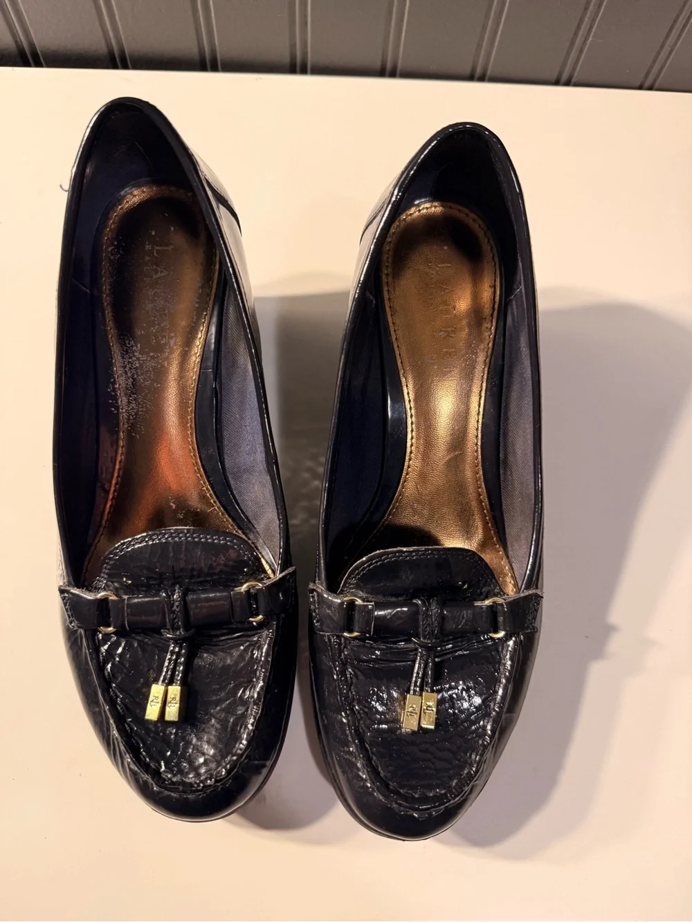 Lauren Ralph Lauren  navy  Patent Leather wedge Loafers with Gold Hardware